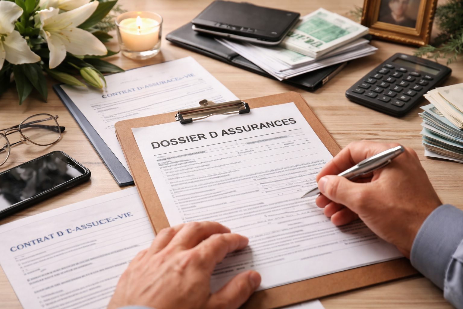 Personne remplissant un dossier d’assurances après un décès, avec contrat d’assurance-vie, papiers administratifs et calculatrice sur une table.
