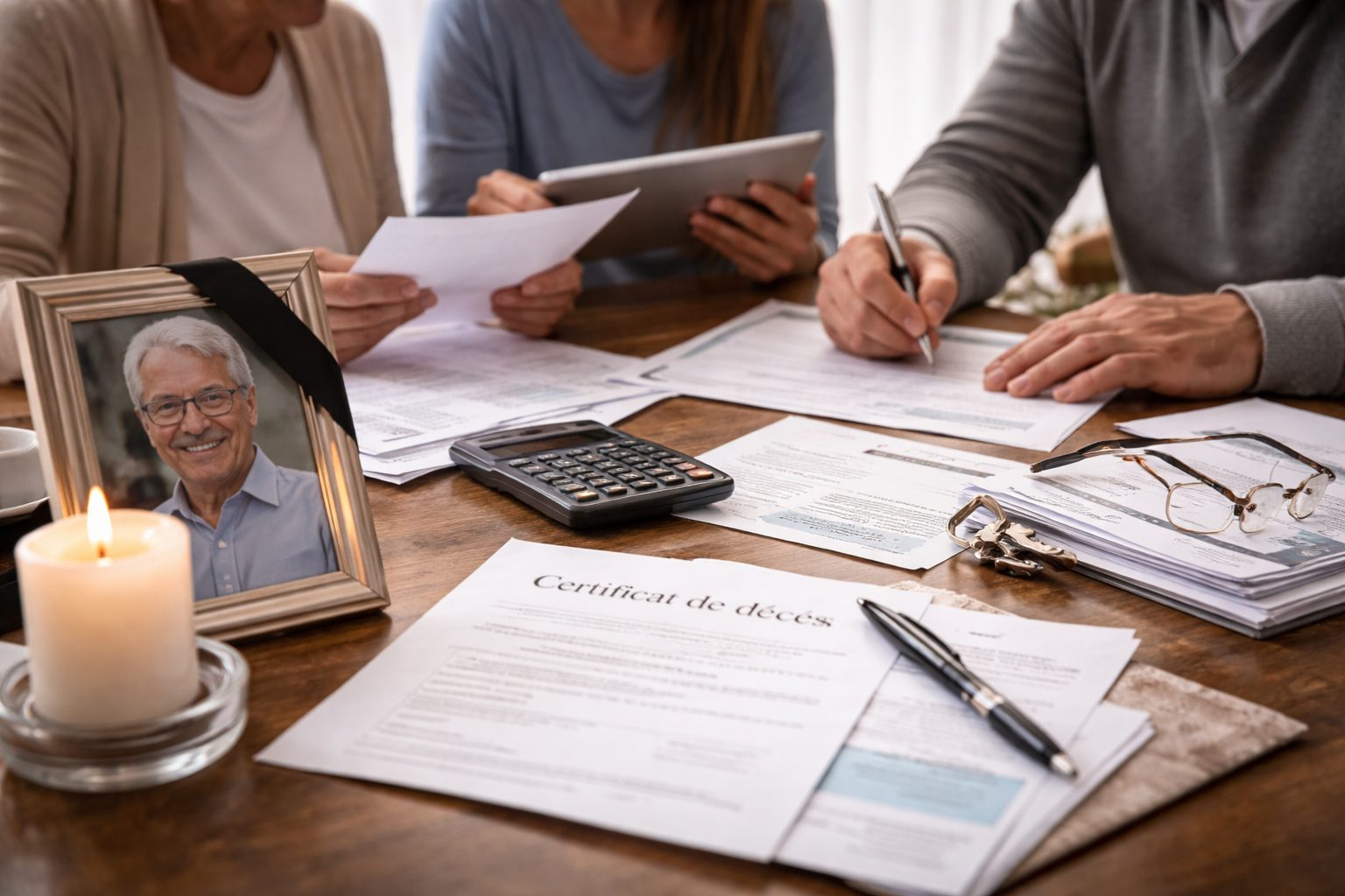 Des proches remplissent des documents administratifs après un décès, avec une photo encadrée et une bougie sur une table.
