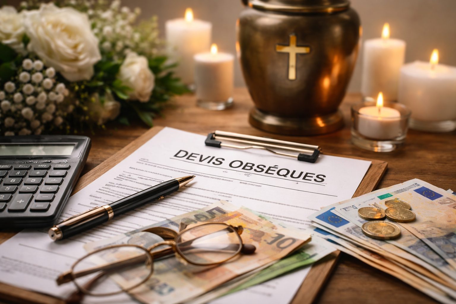 Devis obsèques posé sur une table avec calculatrice, billets en euros, urne funéraire, bougies et fleurs blanches en arrière-plan
