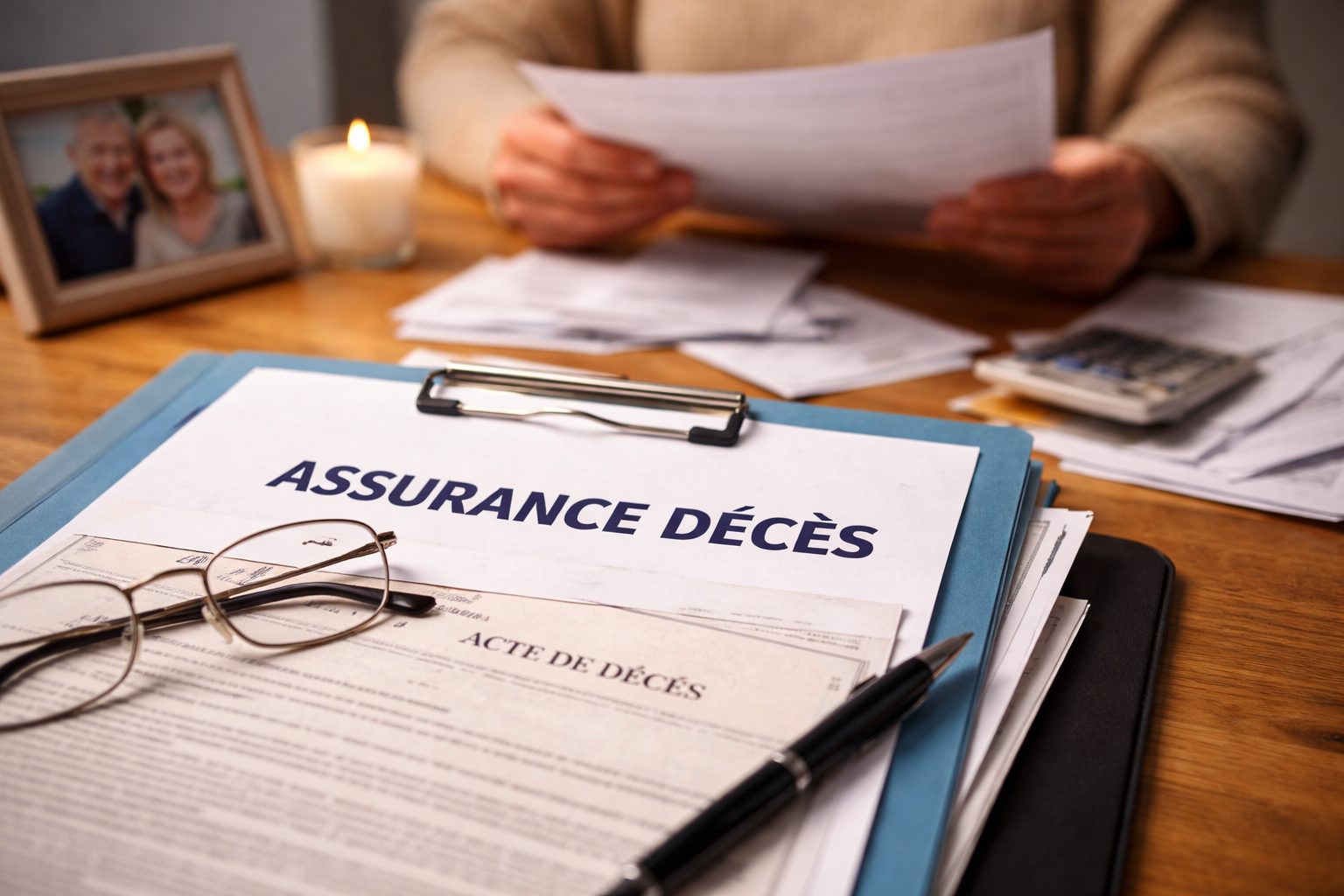 Personne triant des documents d’assurance décès avec un acte de décès, un stylo et des lunettes sur une table, photo de famille et bougie en arrière-plan