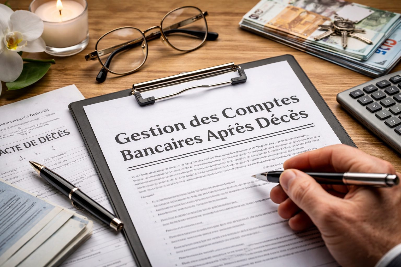 Main signant un dossier de succession avec acte de décès, documents bancaires, billets en euros et clés posés sur un bureau, illustrant la gestion des comptes bancaires après décès.