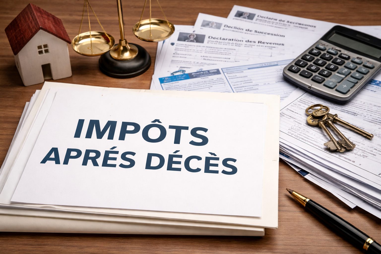 Bureau en bois avec un dossier « Impôts après décès », des formulaires de déclaration de succession et de revenus, une calculatrice, des clés, une maquette de maison et une balance.