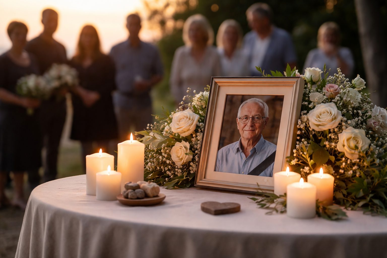 Photo encadrée d’un homme entourée de bougies et de roses sur une table, avec des proches flous en arrière-plan