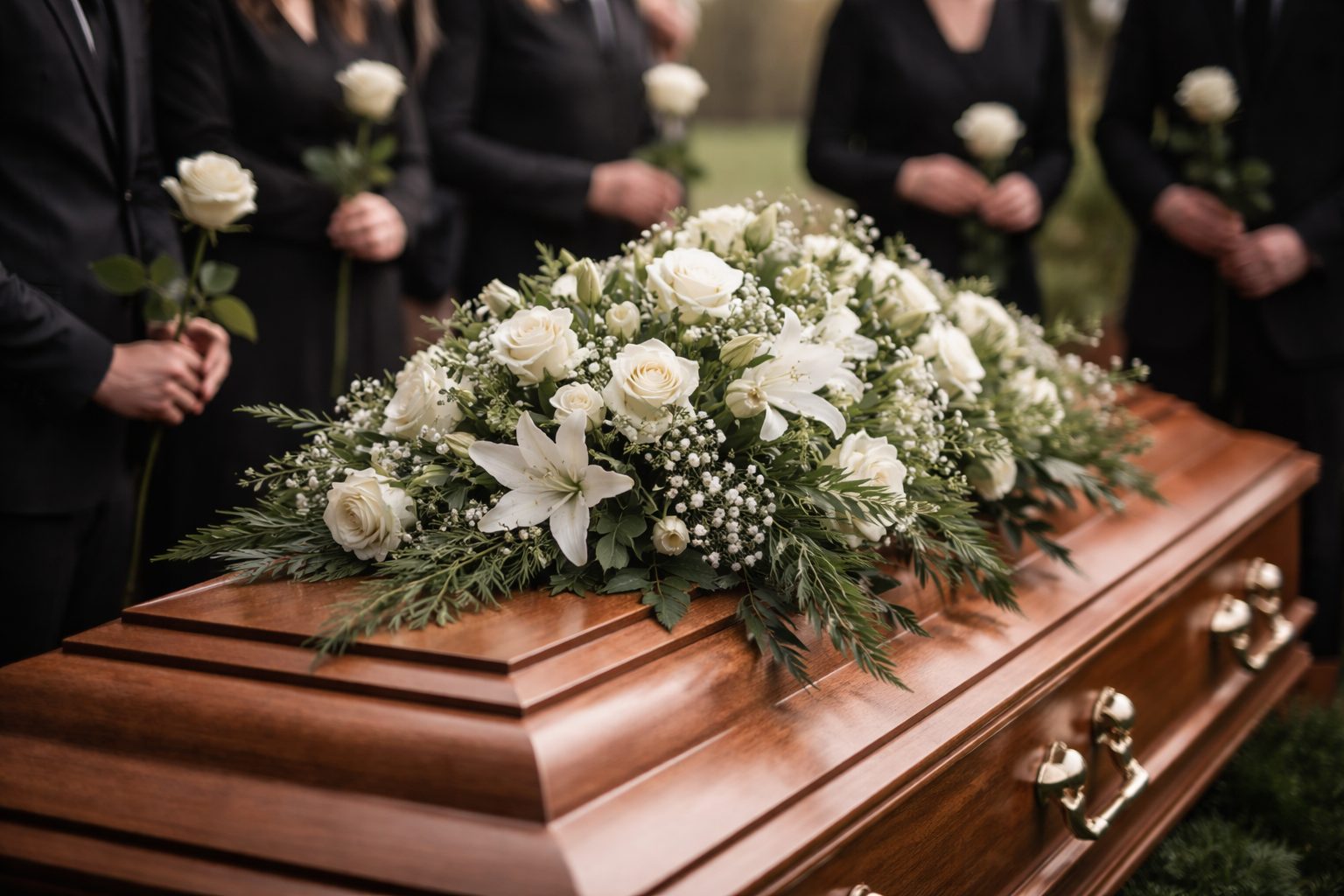 Cercueil en bois verni recouvert d’une composition de fleurs blanches, entouré de proches vêtus de noir tenant des roses blanches lors d’une cérémonie d’inhumation.
