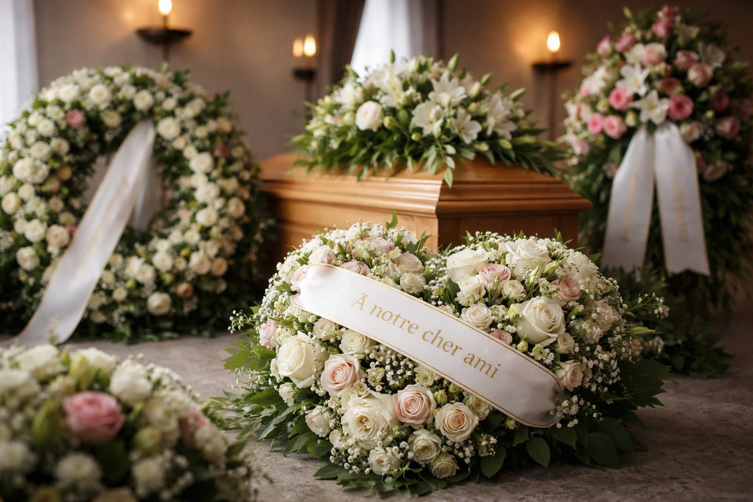 Composition florale funéraire en roses blanches et roses pâles avec ruban « À notre cher ami », posée devant un cercueil, avec deux couronnes en arrière-plan dans une salle de cérémonie