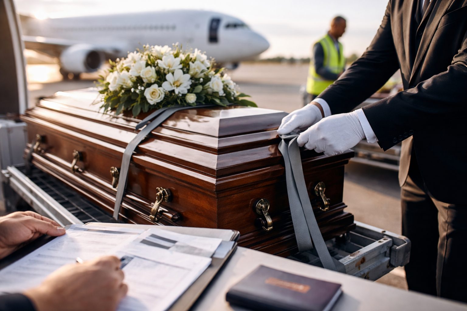 Employé funéraire attachant un cercueil fleuri sur un chariot de fret, sur le tarmac d’un aéroport, avec un avion en arrière-plan