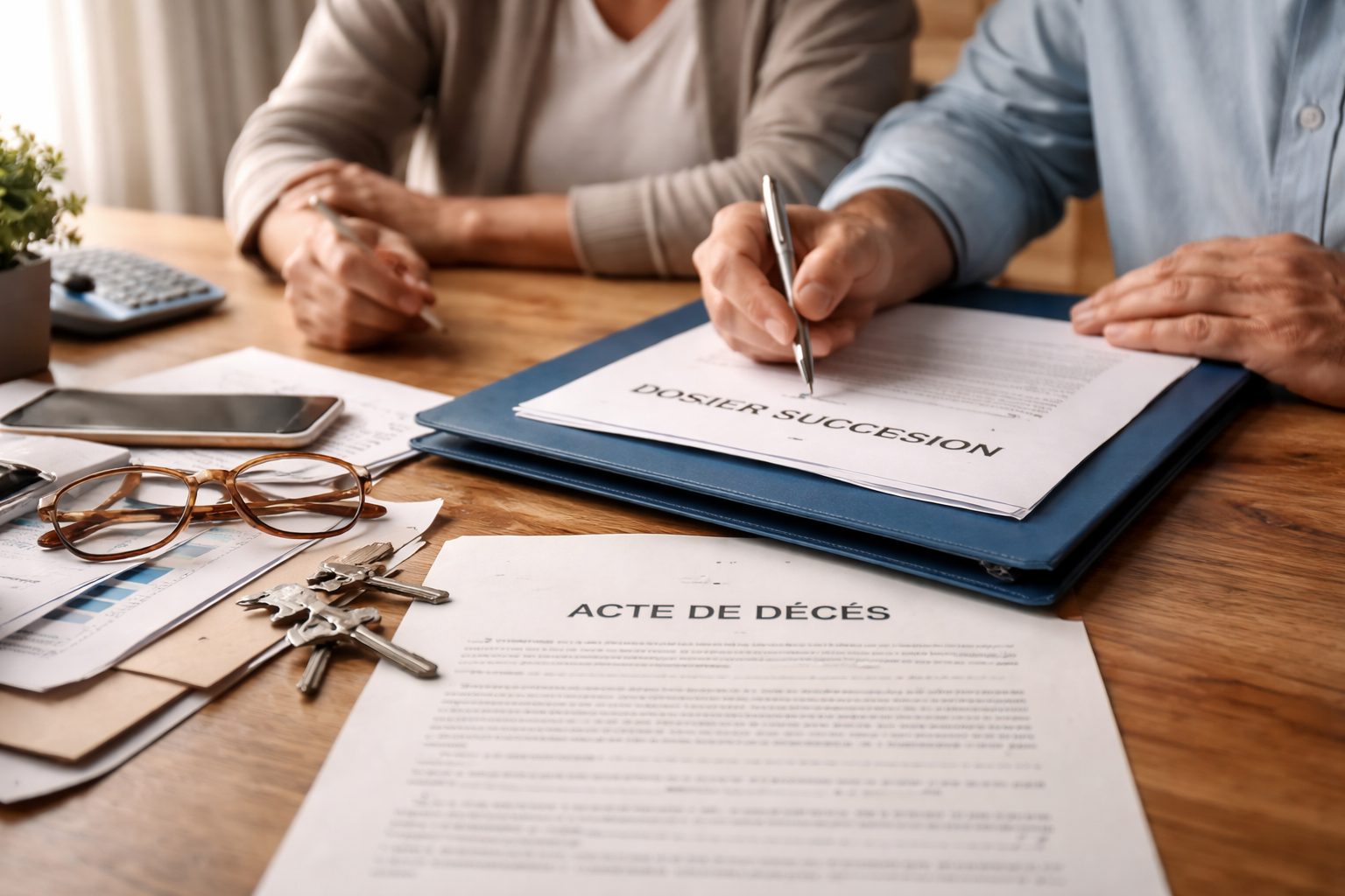 Deux proches organisant les démarches administratives après un décès avec un dossier de succession et un acte de décès sur une table