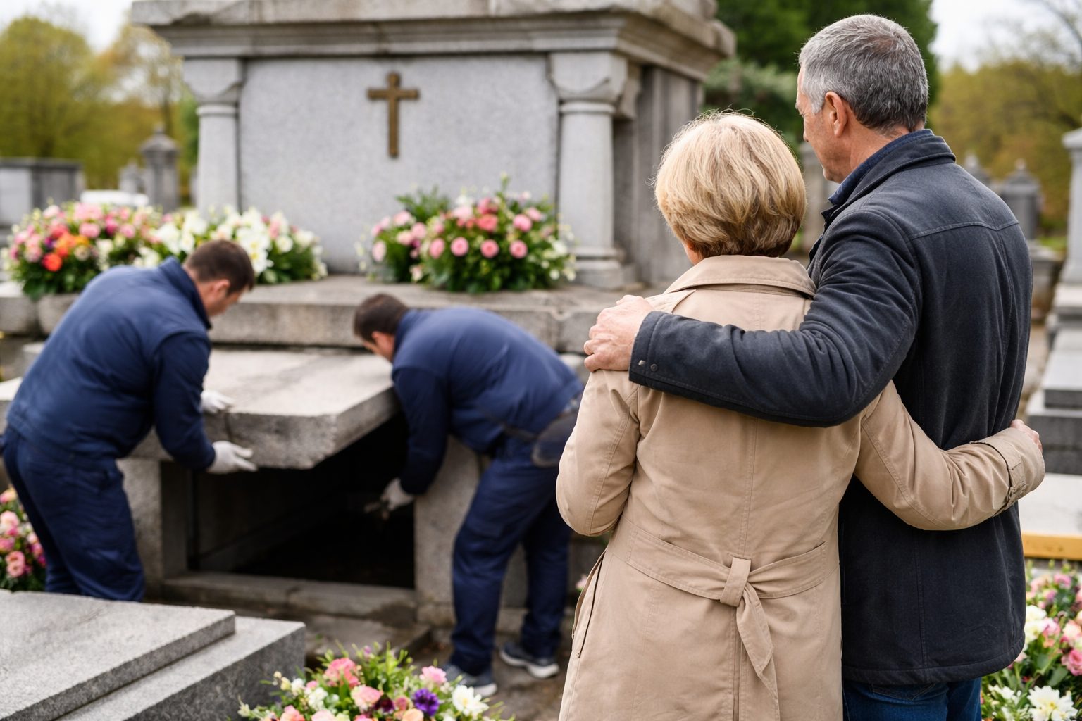 Famille recueillie au cimetière pendant l’ouverture d’un caveau familial avant une inhumation