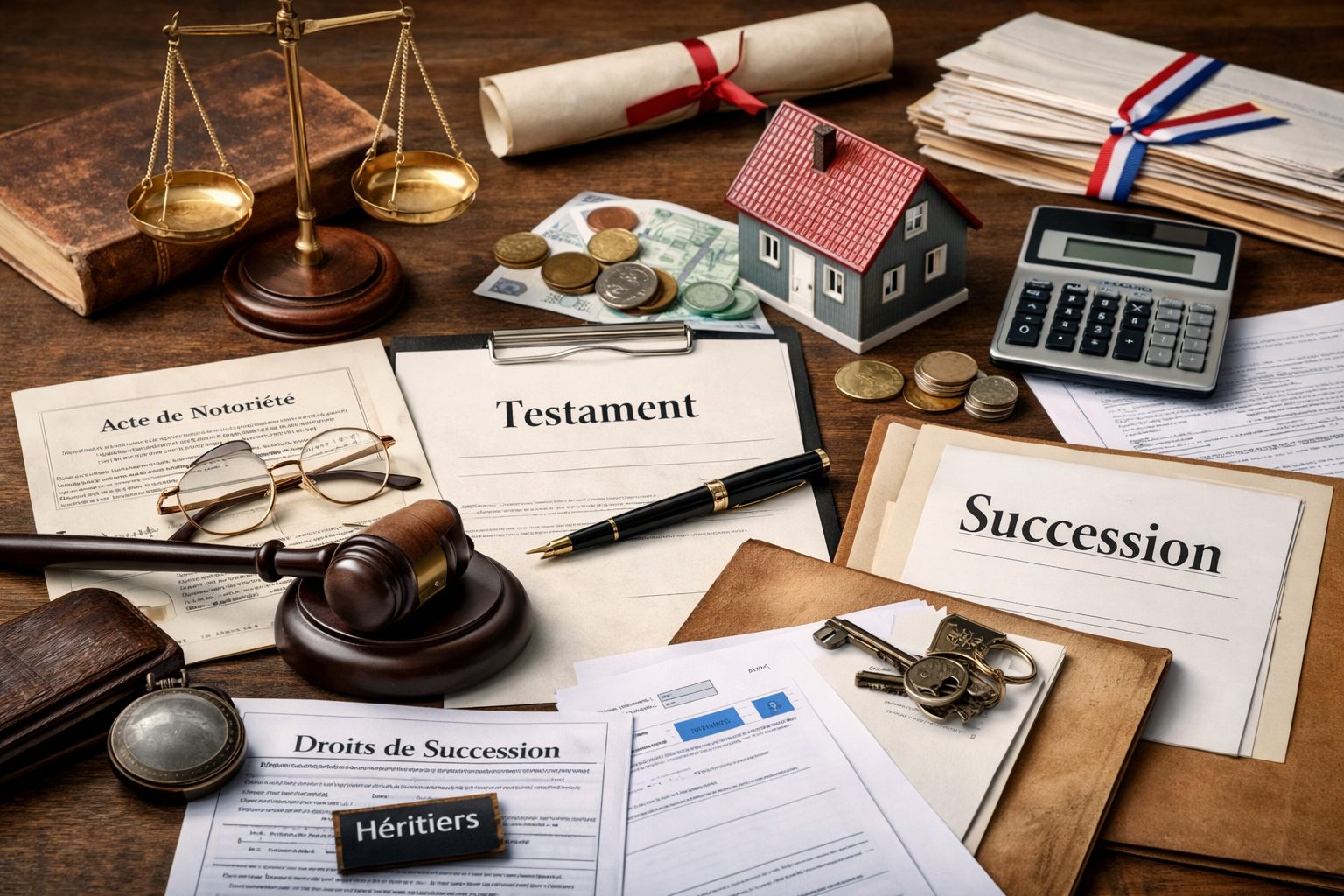 Documents de succession avec testament, acte de notoriété, balance de justice, maison miniature, clés et calculatrice posés sur un bureau en bois