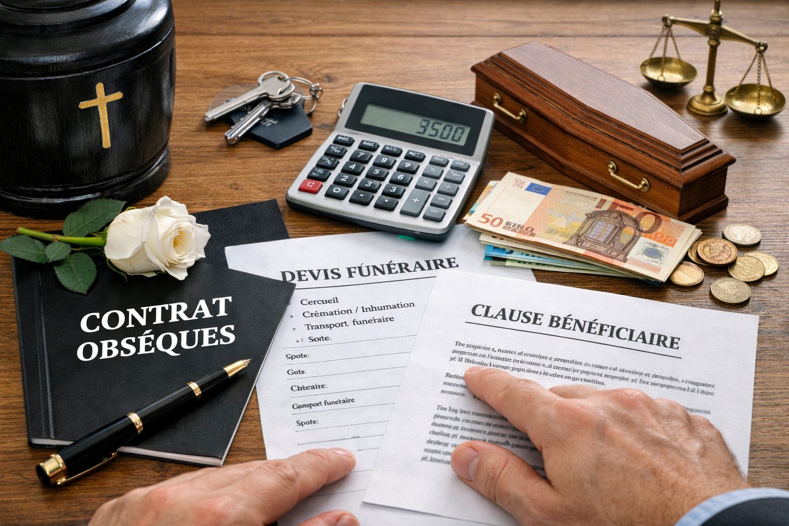 Documents de contrat obsèques avec devis funéraire, clause bénéficiaire, calcul des coûts et objets symboliques liés à l’organisation des funérailles