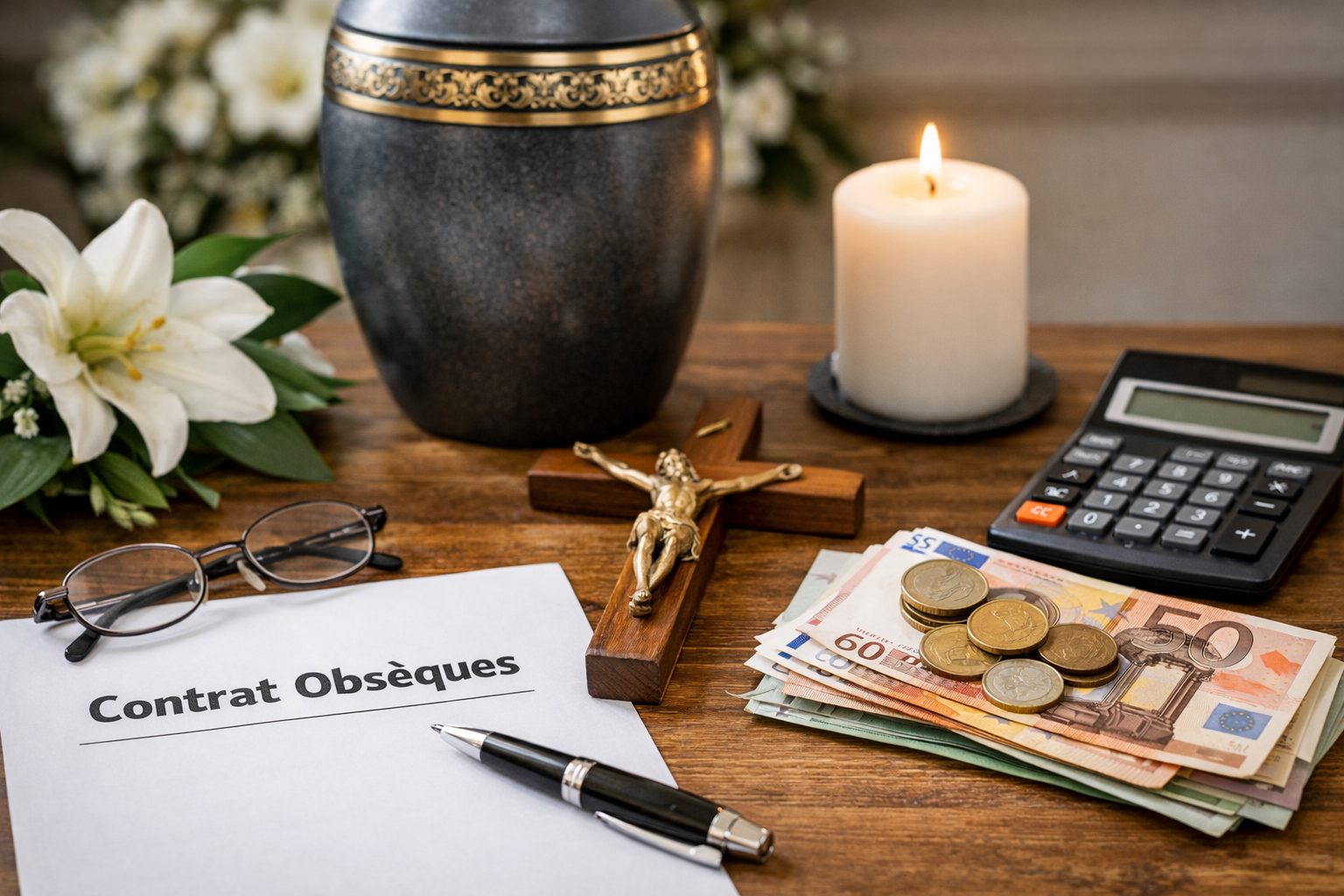 Document “Contrat obsèques” sur une table avec urne, bougies, calculatrice et billets en euros, illustrant la préparation des prestations et du financement.