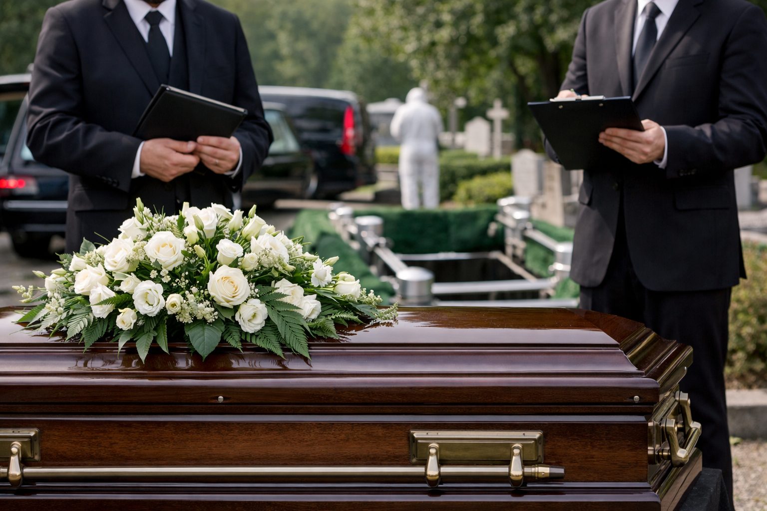 Deux professionnels des pompes funèbres avec des documents, près d’un cercueil fleuri devant une tombe ouverte, au cimetière.