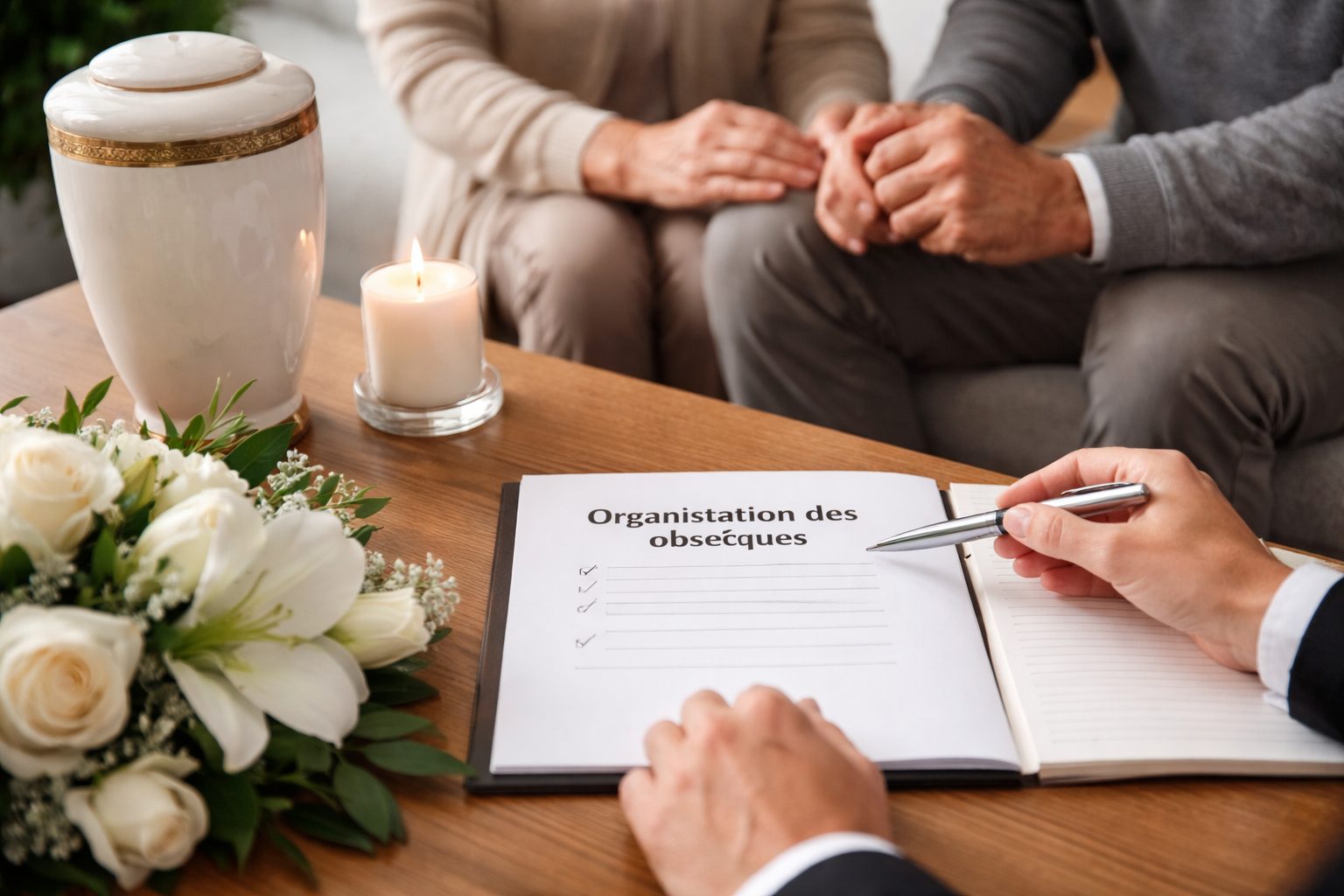 Organisation des obsèques en cinq phases structurées avec accompagnement d’une famille par un conseiller funéraire