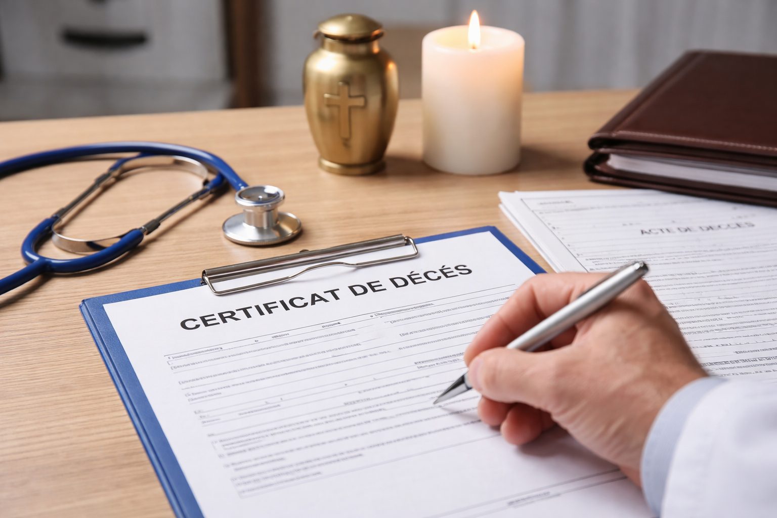 Main d’un médecin complétant un certificat de décès, avec un stéthoscope, une bougie et des documents administratifs sur un bureau