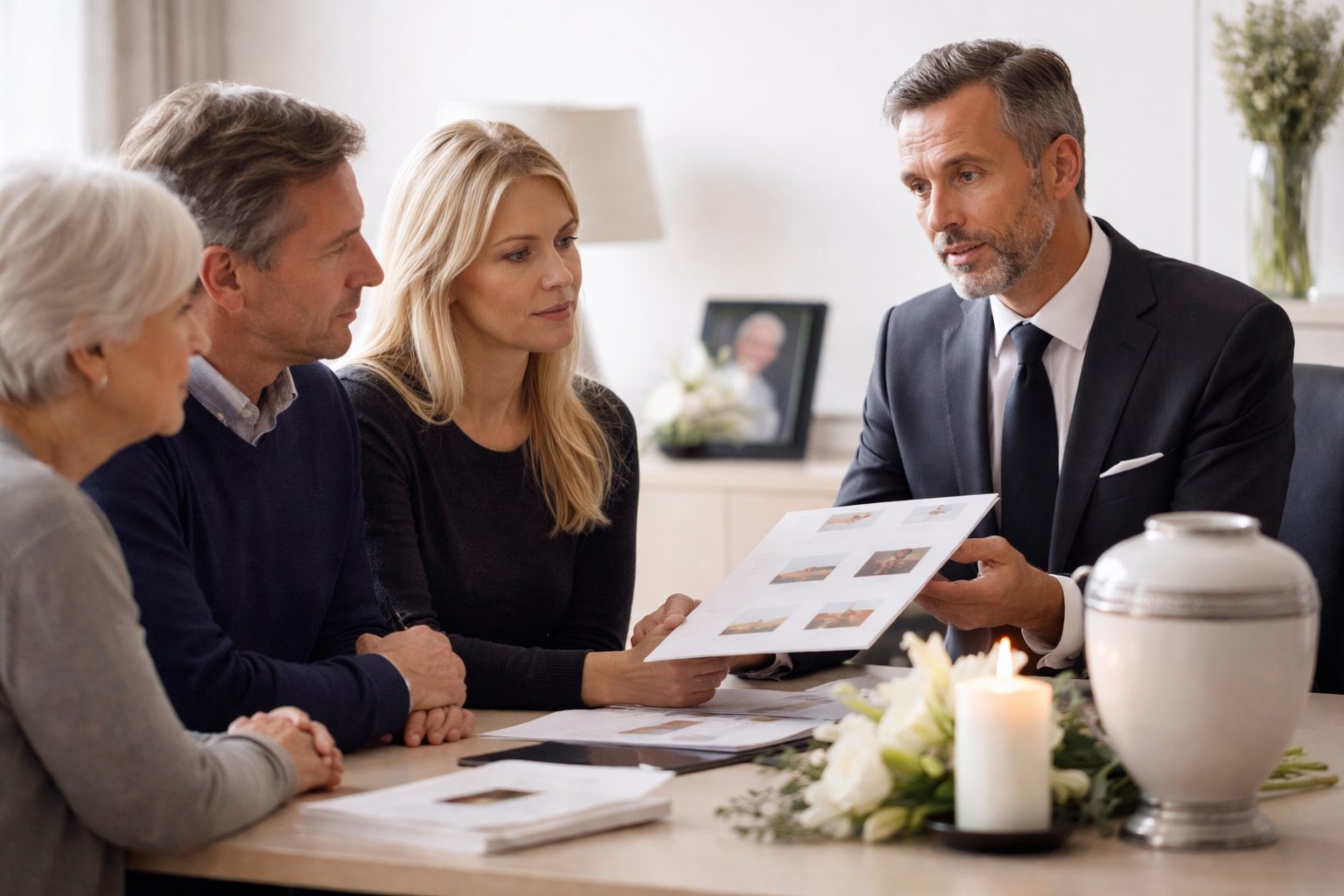 Conseiller funéraire échange avec une famille en deuil dans un salon d’accueil, présentant des documents d’organisation et une urne sur la table