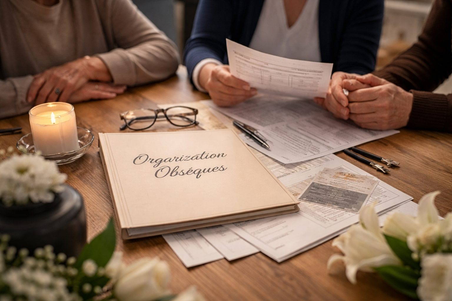 Trois proches consultent des documents pour organiser des obsèques, avec un dossier “Organisation Obsèques”, une bougie et des fleurs sur une table.