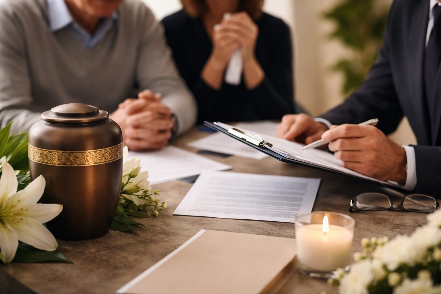 Urne funéraire sur une table avec des documents, une bougie allumée et un conseiller funéraire discutant avec des proches