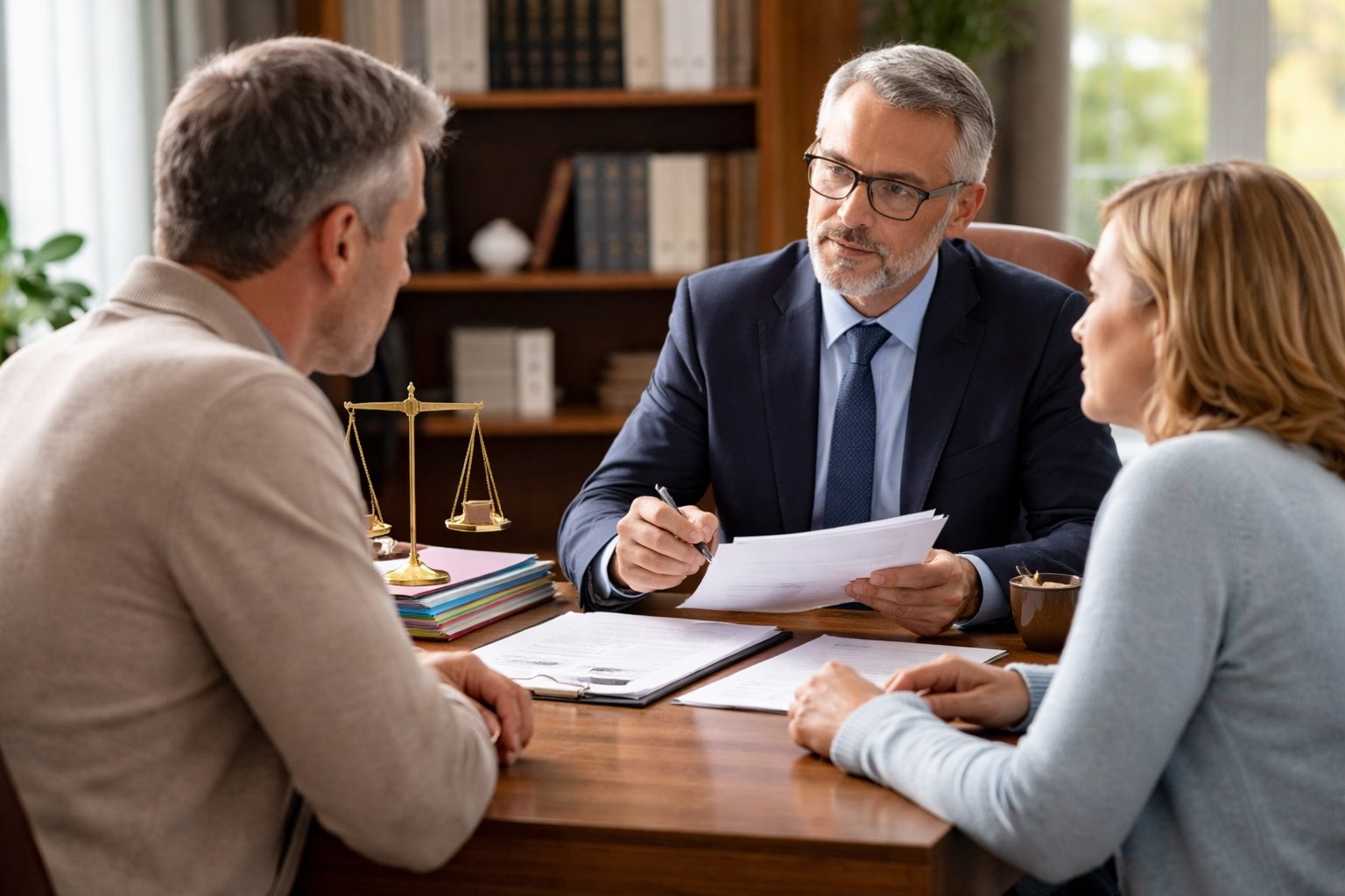 Un notaire explique des documents de succession à un couple assis face à lui dans un bureau, avec des dossiers et une balance de justice sur le bureau.
