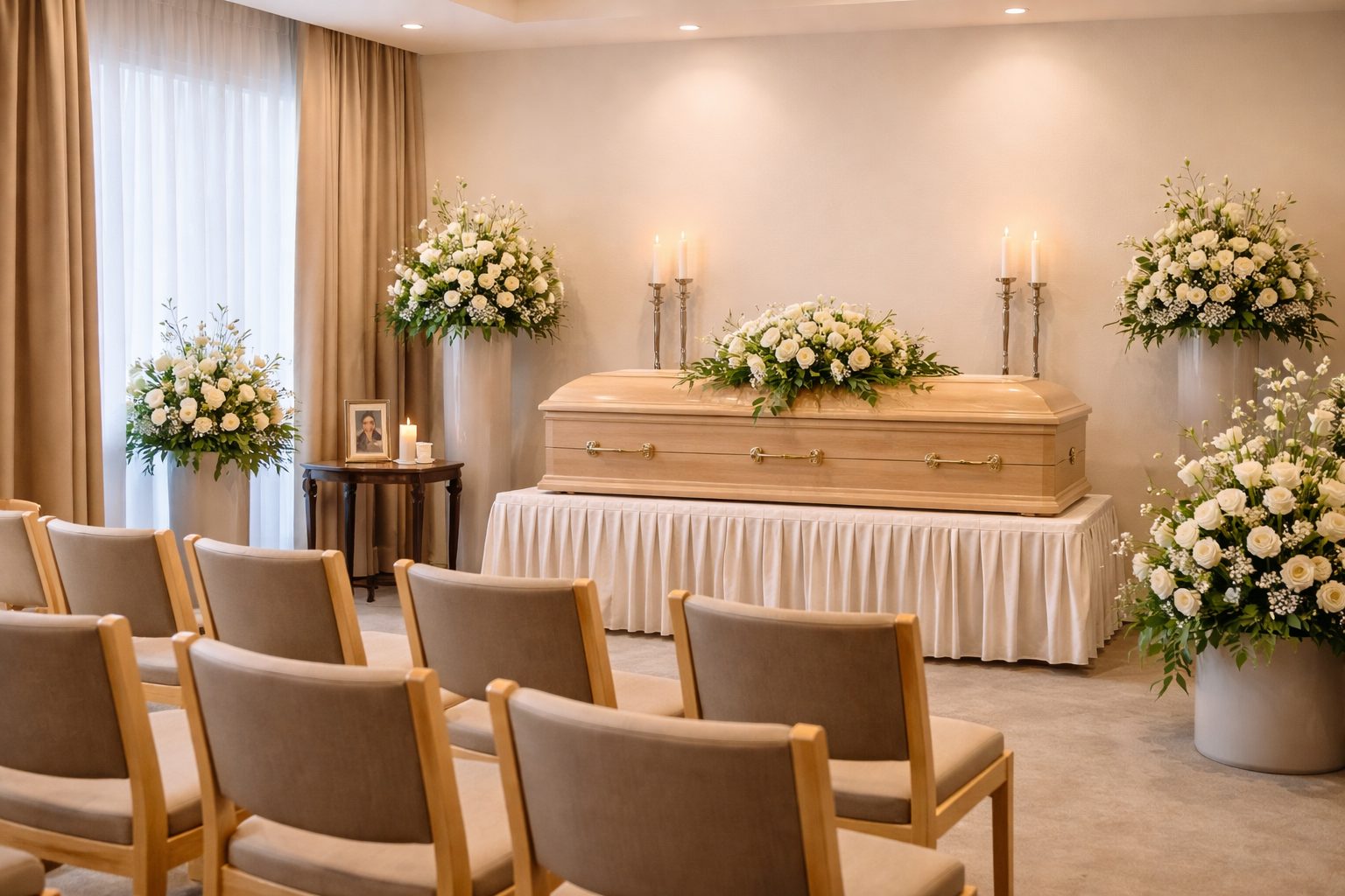 Vue horizontale d’un salon de recueillement en chambre funéraire avec cercueil clair, compositions florales blanches, bougies et rangées de chaises