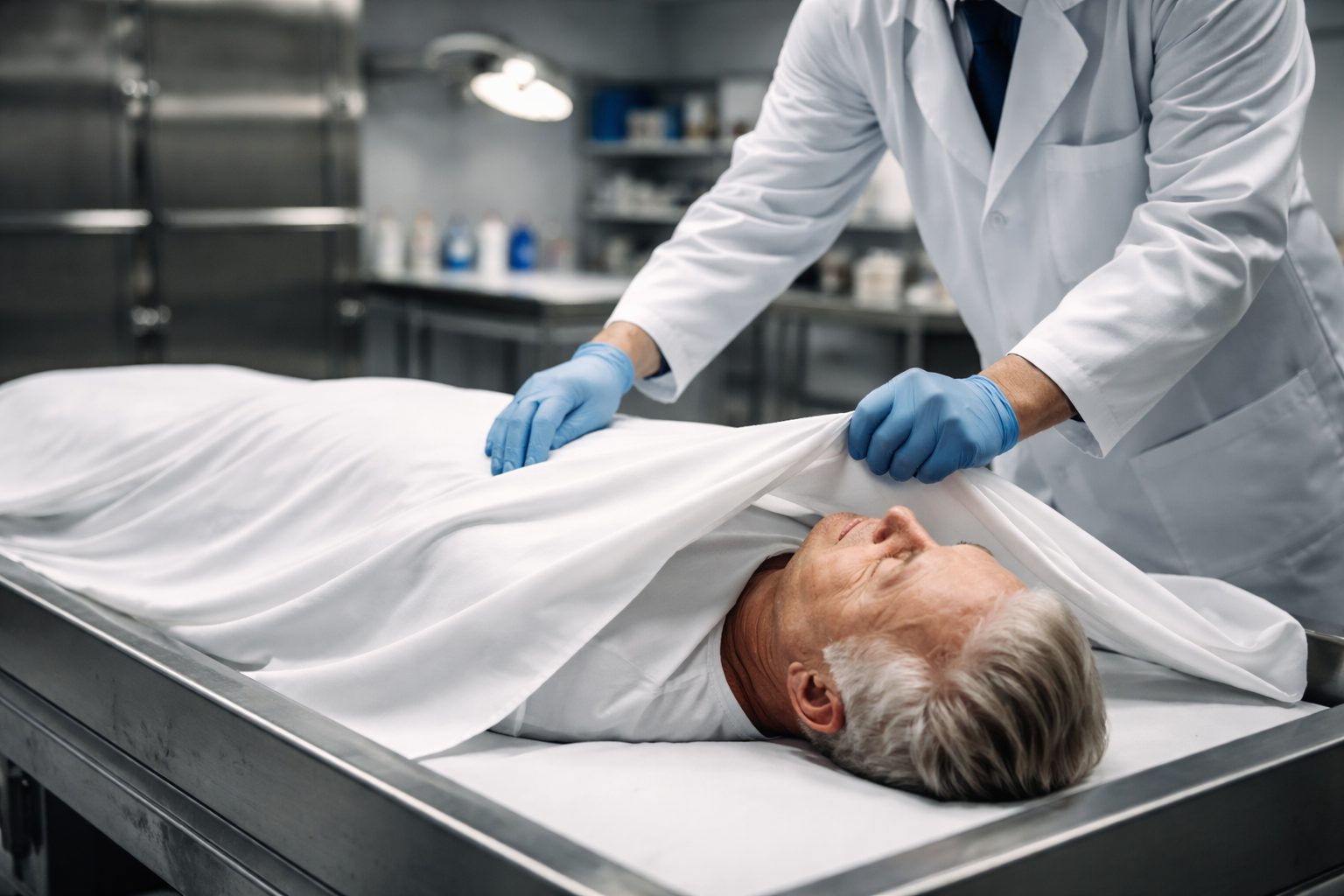 Professionnel funéraire recouvrant avec soin le corps d’un défunt dans une chambre mortuaire conforme aux normes sanitaires