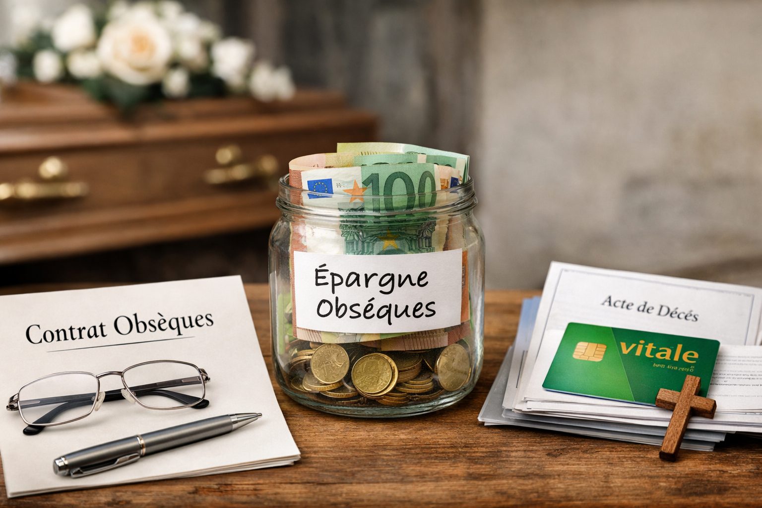 Bocal d’épargne en euros au centre, dossier « Contrat Obsèques » à gauche et documents administratifs à droite, en lien avec le financement des obsèques.