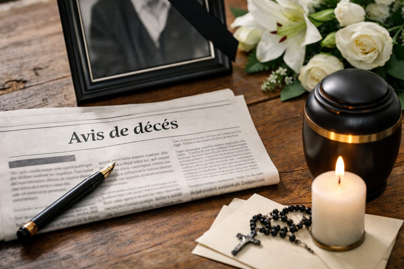 Journal ouvert sur la mention « Avis de décès » avec un stylo, une bougie allumée, une urne funéraire, des fleurs blanches et un cadre photo en arrière-plan.