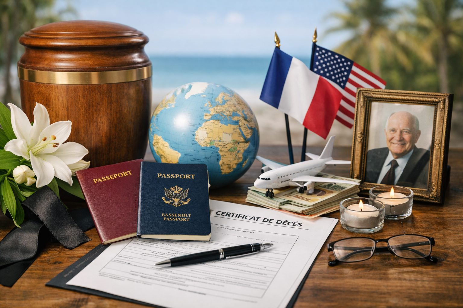 Urne funéraire, passeports, certificat de décès, avion miniature et drapeaux sur une table, illustrant l’organisation d’obsèques à l’étranger et le rapatriement.