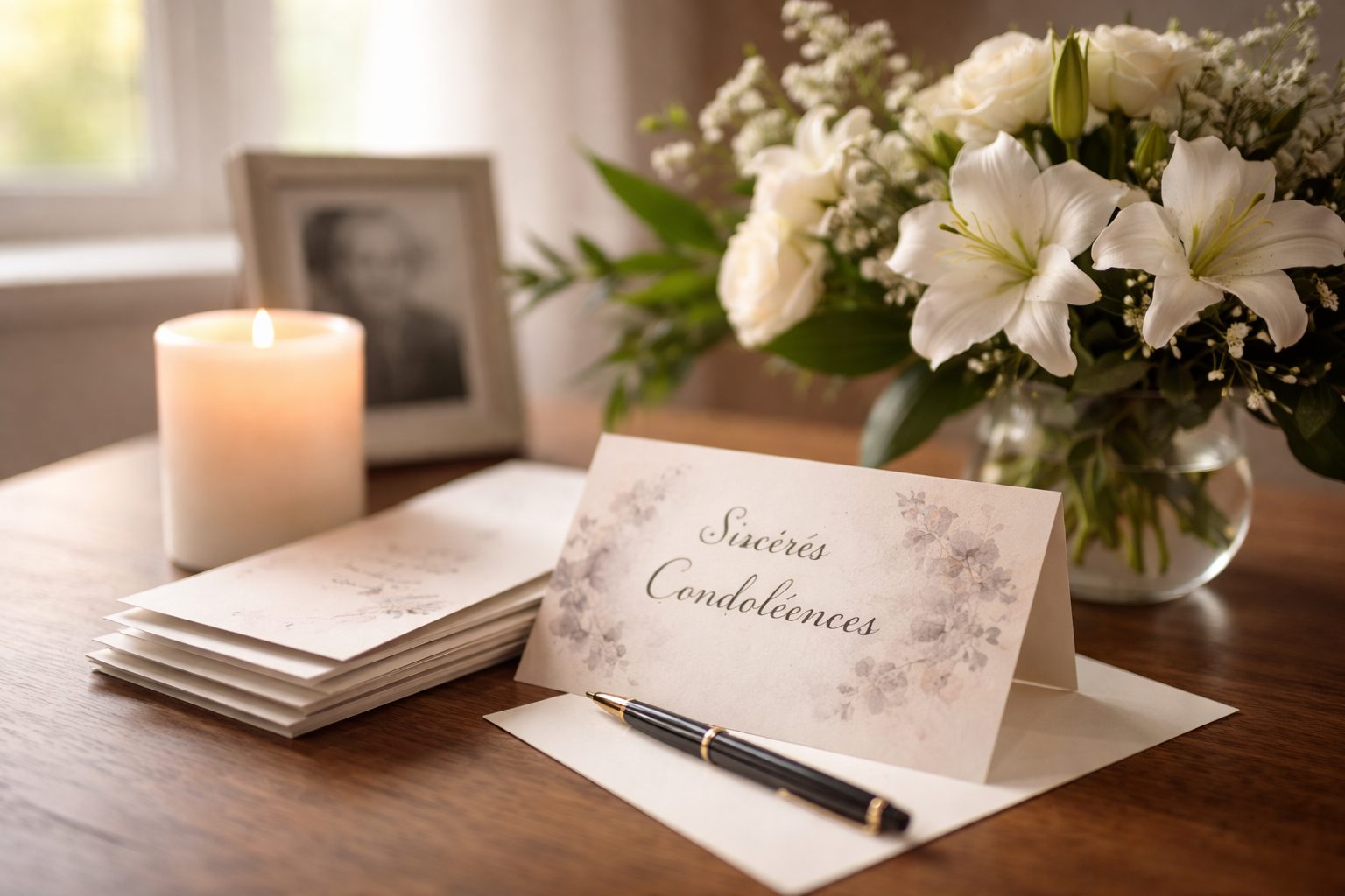 Cartes de condoléances posées sur une table en bois avec bouquet de fleurs blanches, bougie allumée et photo encadrée en arrière-plan