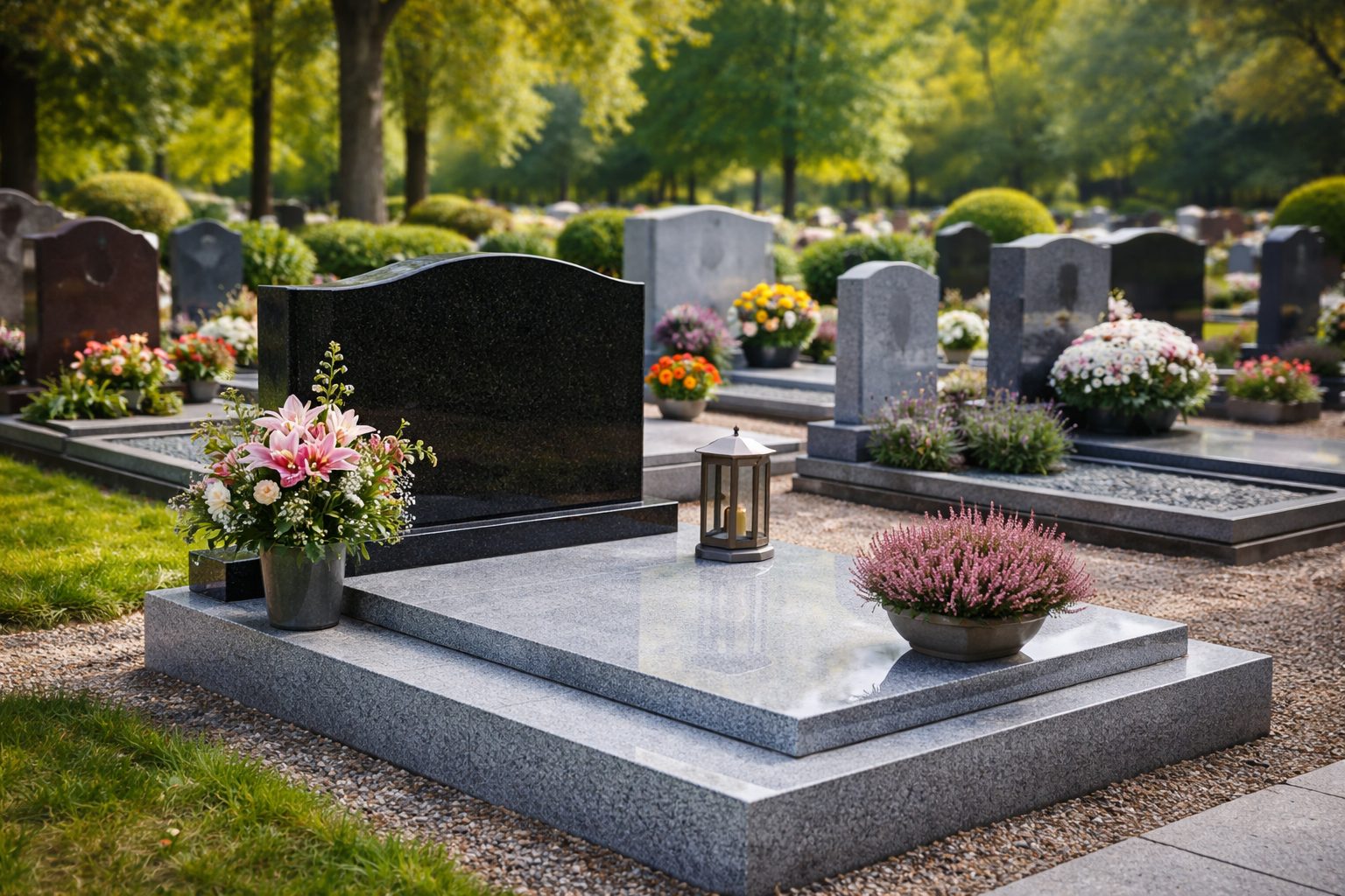 Monument funéraire en granit poli avec stèle noire arrondie sur base grise, fleurs déposées et lanterne, dans un cimetière arboré