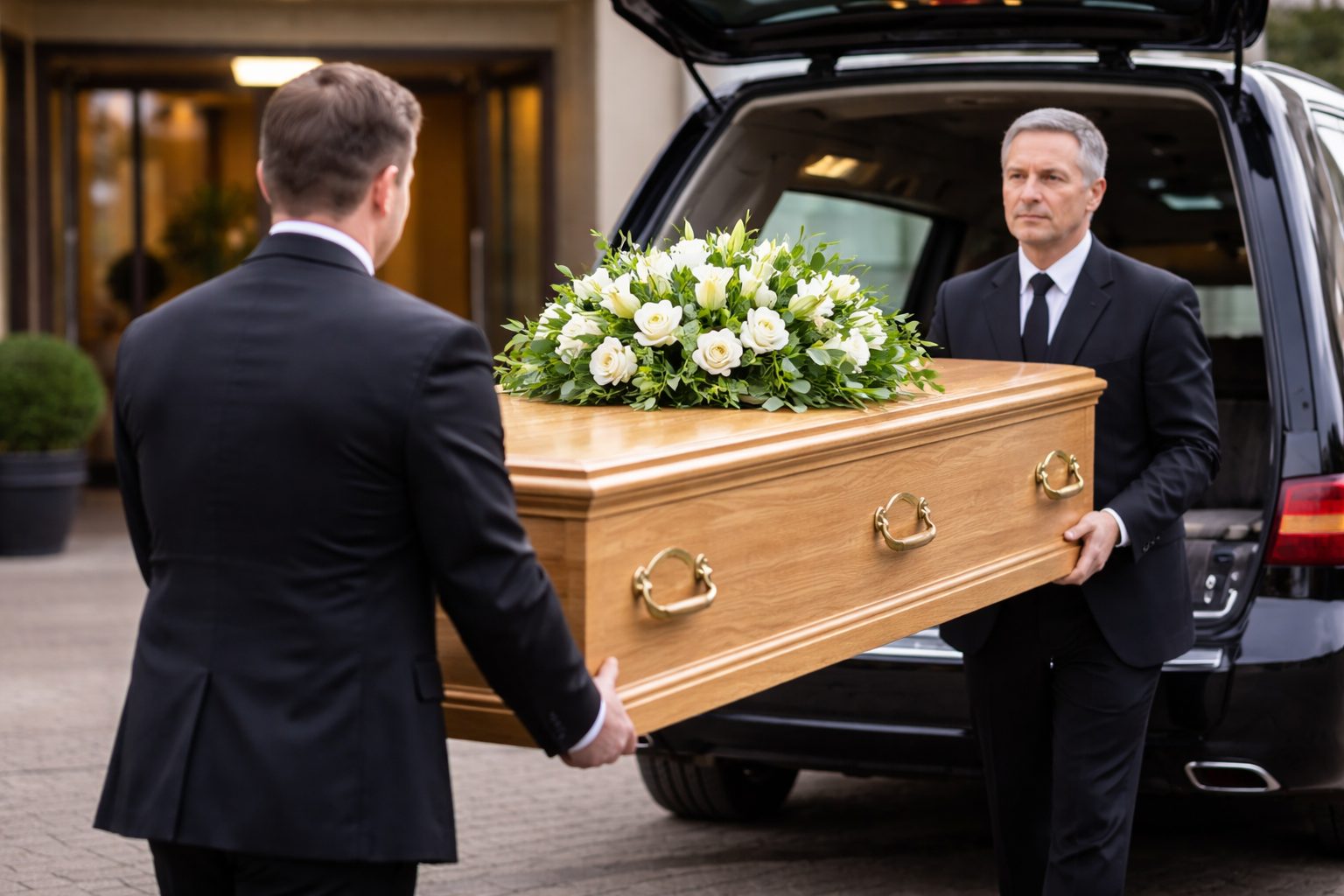 Deux porteurs funéraires en costume noir chargent un cercueil en bois clair décoré de fleurs blanches dans un corbillard, devant une chambre funéraire.