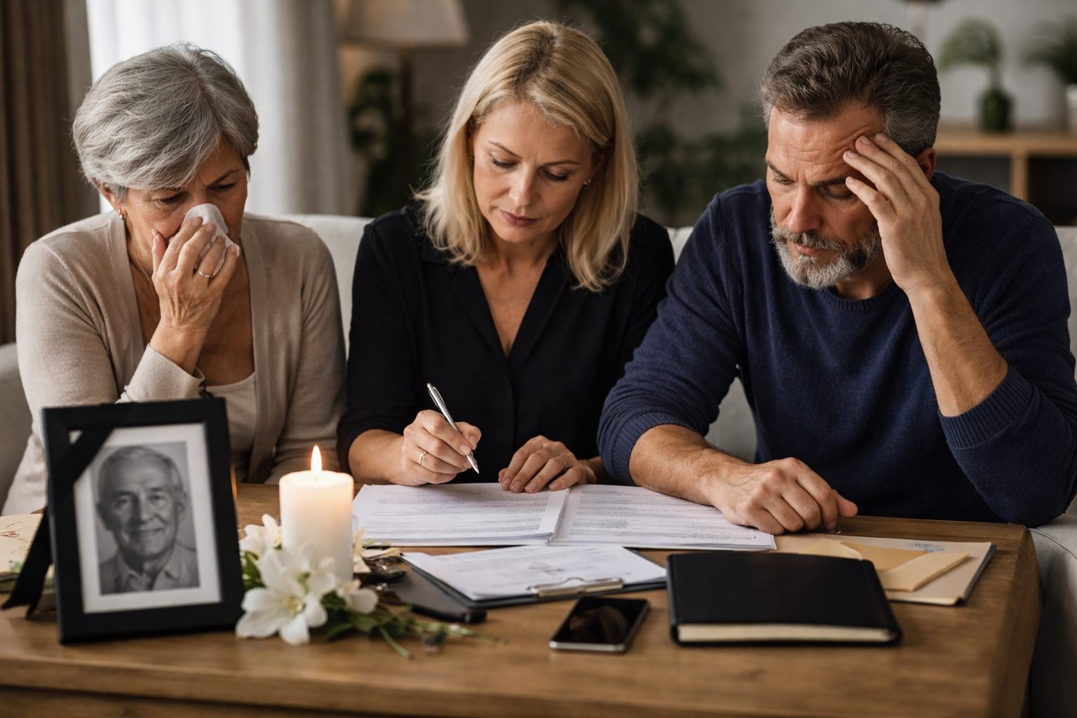 Trois proches assis à une table, en train de gérer des documents après un décès, avec une photo encadrée, une bougie allumée et des fleurs blanches.