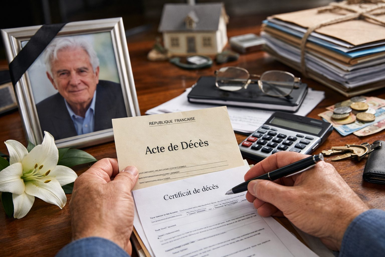 Mains remplissant des documents administratifs après un décès, avec un acte de décès, une calculatrice, des lunettes et un cadre photo sur un bureau.