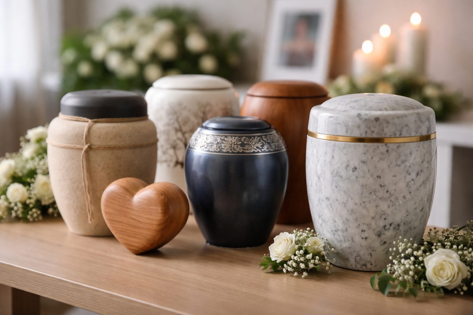 Plusieurs urnes funéraires en marbre, bois, céramique, métal et matériau biodégradable disposées sur une table, avec fleurs blanches et bougies en arrière-plan