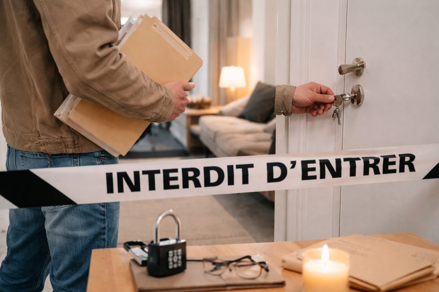 Personne verrouillant une porte d’appartement avec un trousseau de clés et un dossier, symbole de la sécurisation du logement après décès.
