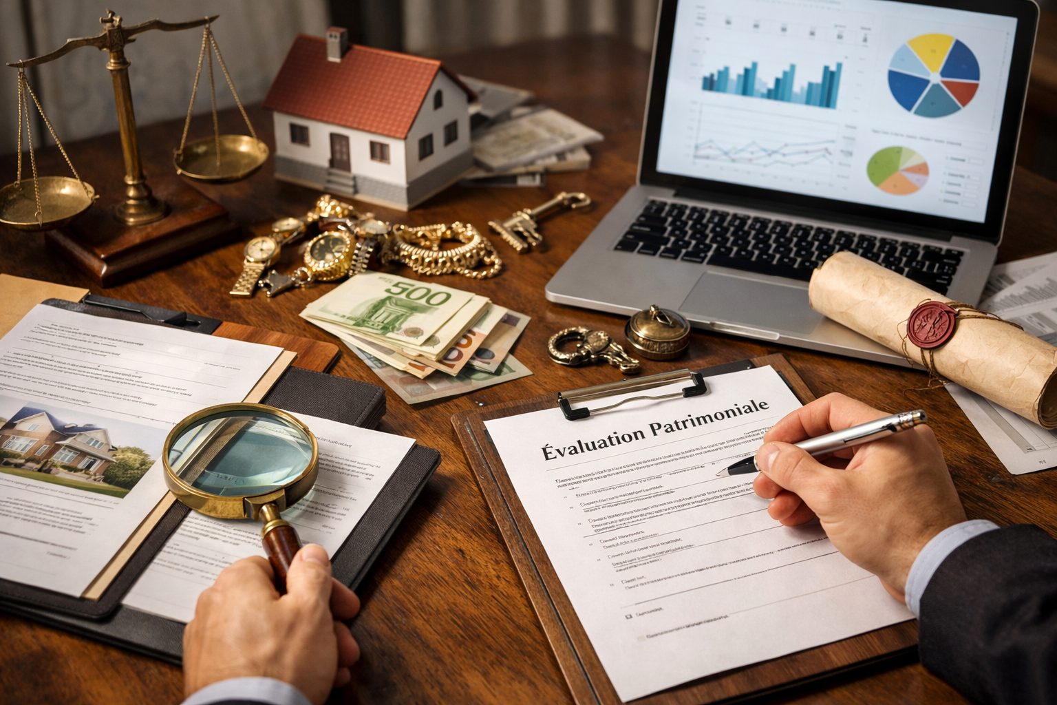 Évaluation d’un patrimoine successoral avec documents, immobilier, bijoux, liquidités et analyse financière
