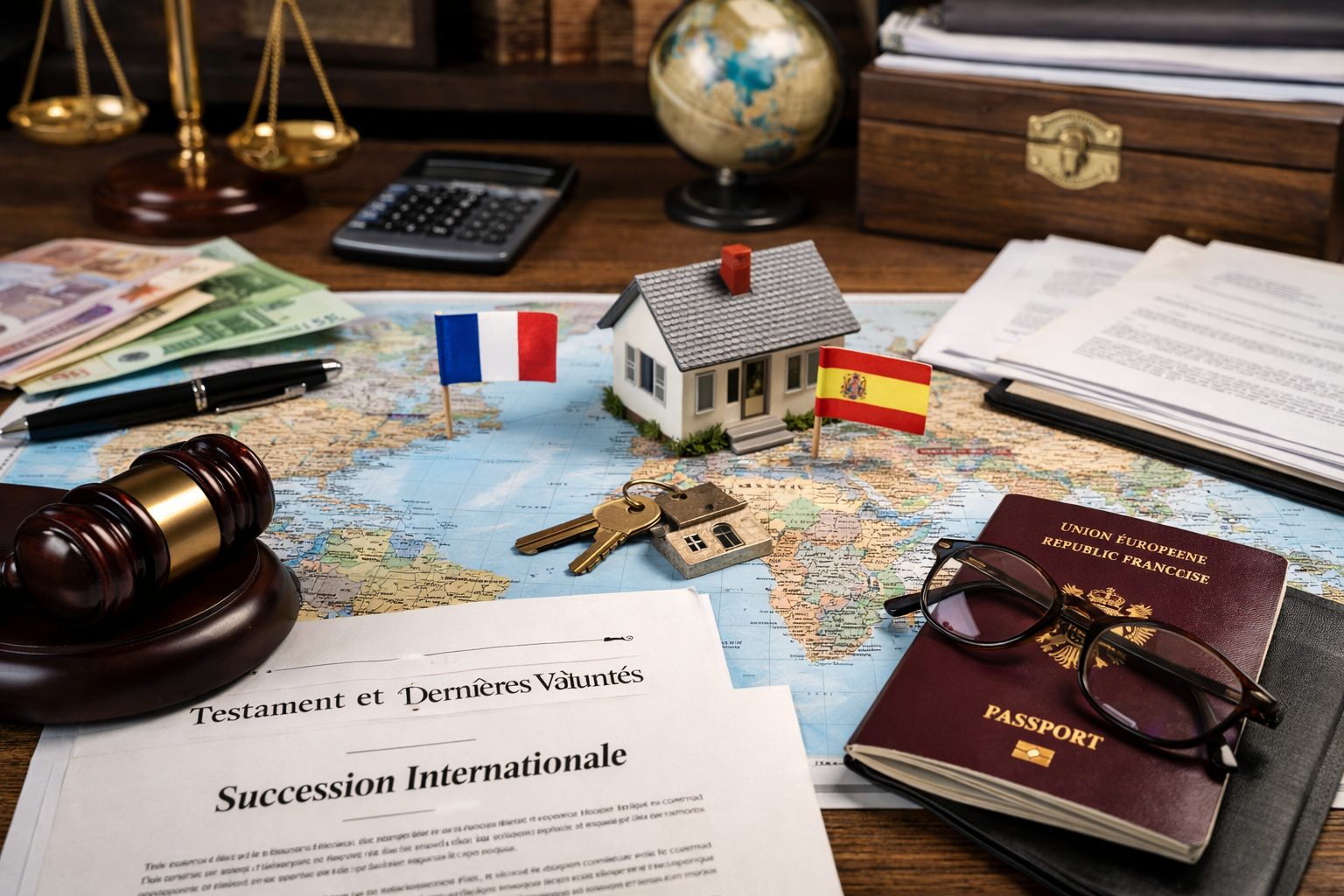 Bureau de notaire avec documents de succession internationale, maison miniature, clés, passeport et carte du monde pour illustrer des biens à l’étranger en cas de succession