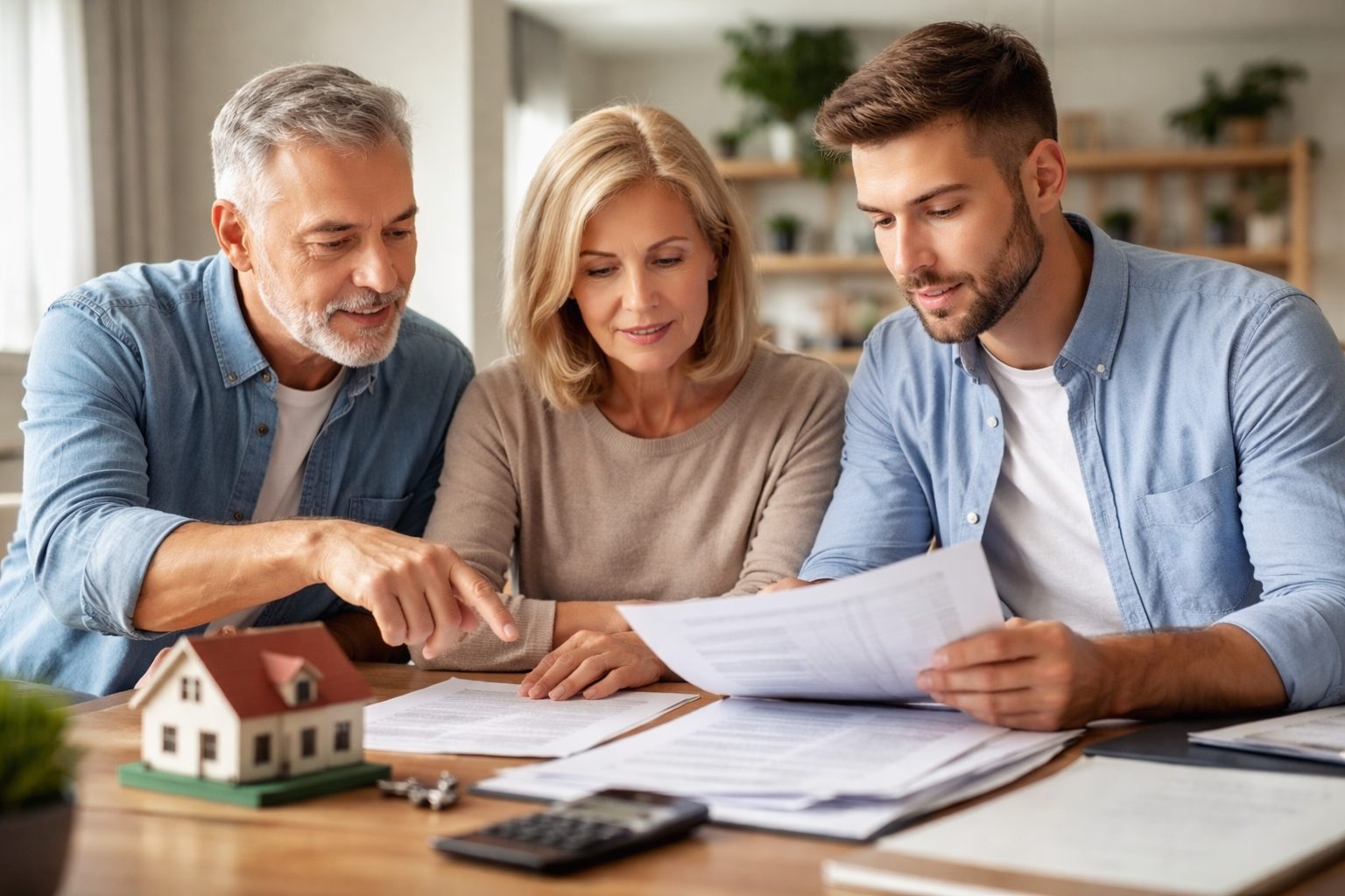Famille réunie autour de documents pour gérer une indivision familiale et envisager une sortie du bien immobilier