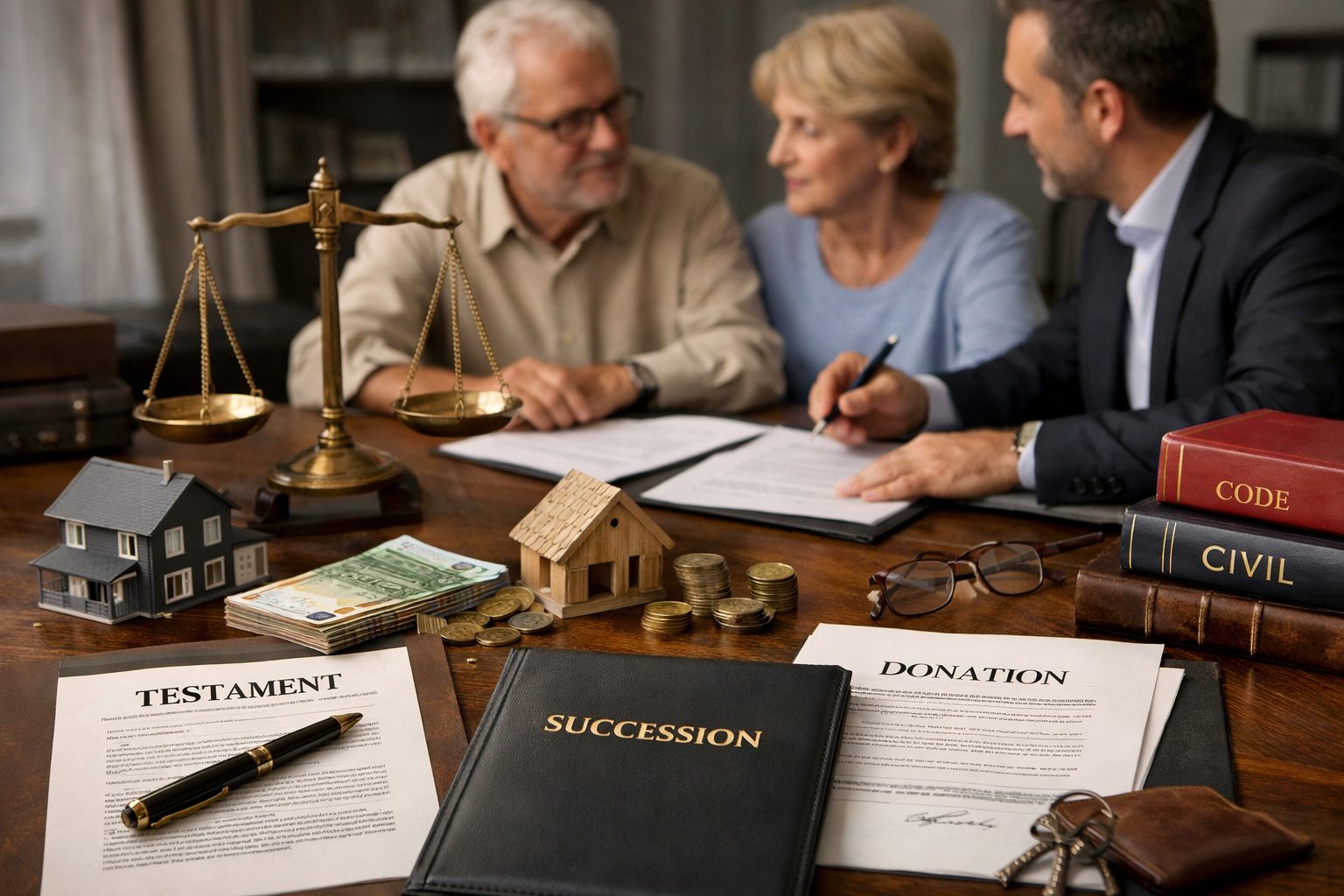 Couple en rendez-vous avec un conseiller patrimonial pour organiser une transmission et limiter légalement les droits de succession