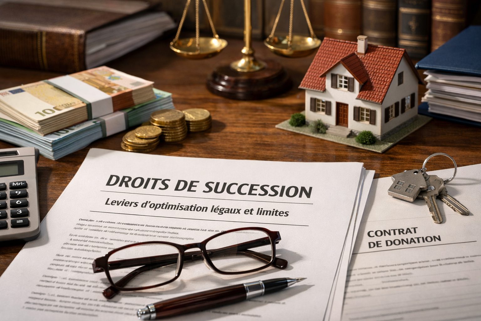 Image ultra réaliste illustrant les droits de succession avec documents juridiques, maison miniature, argent, clés et contrat de donation