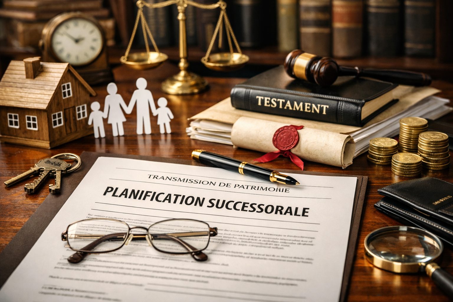 Planification successorale avec documents juridiques, patrimoine familial, maison miniature et symboles de transmission