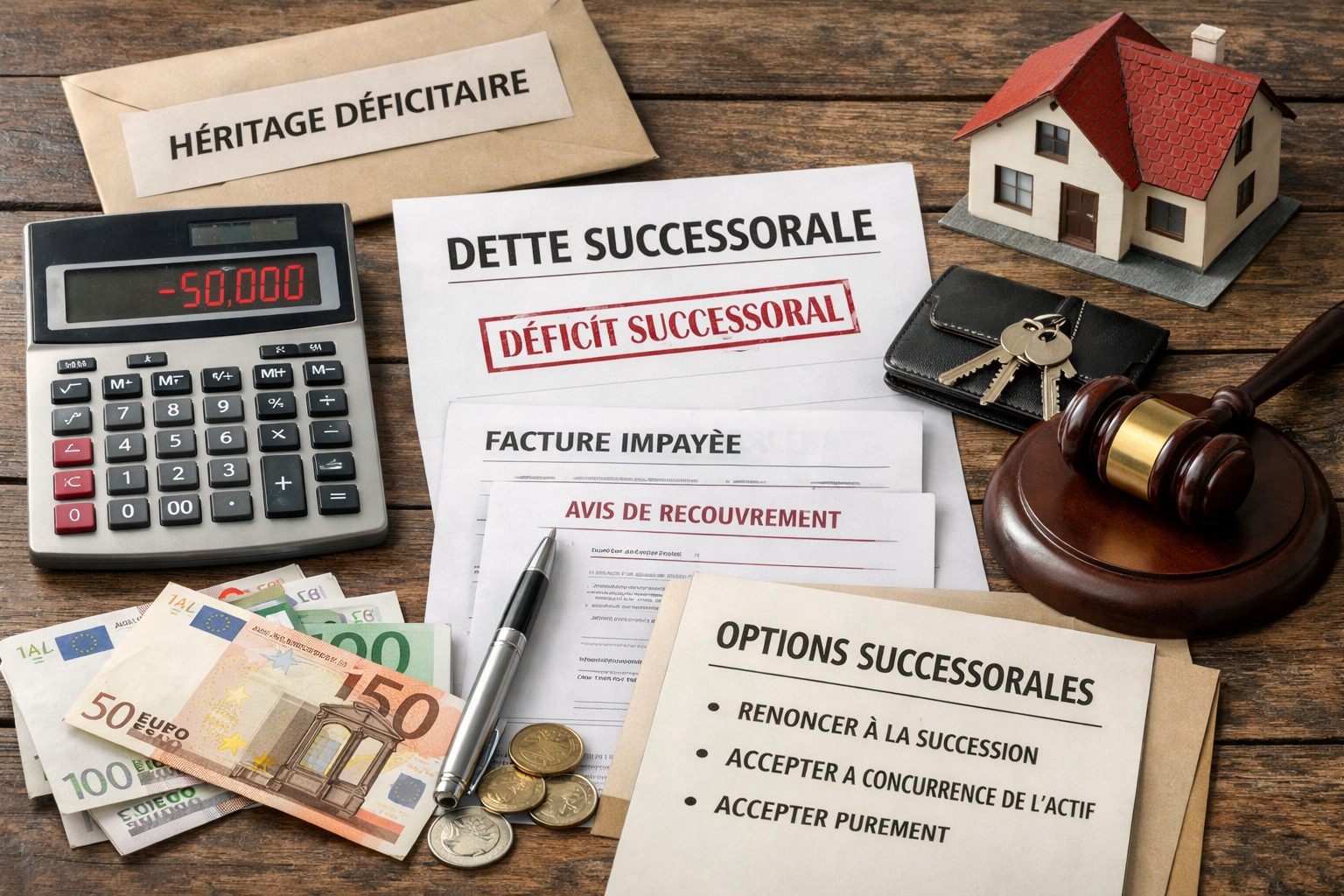 Héritage déficitaire avec documents successoraux, calculatrice affichant un solde négatif, maison miniature et marteau de justice