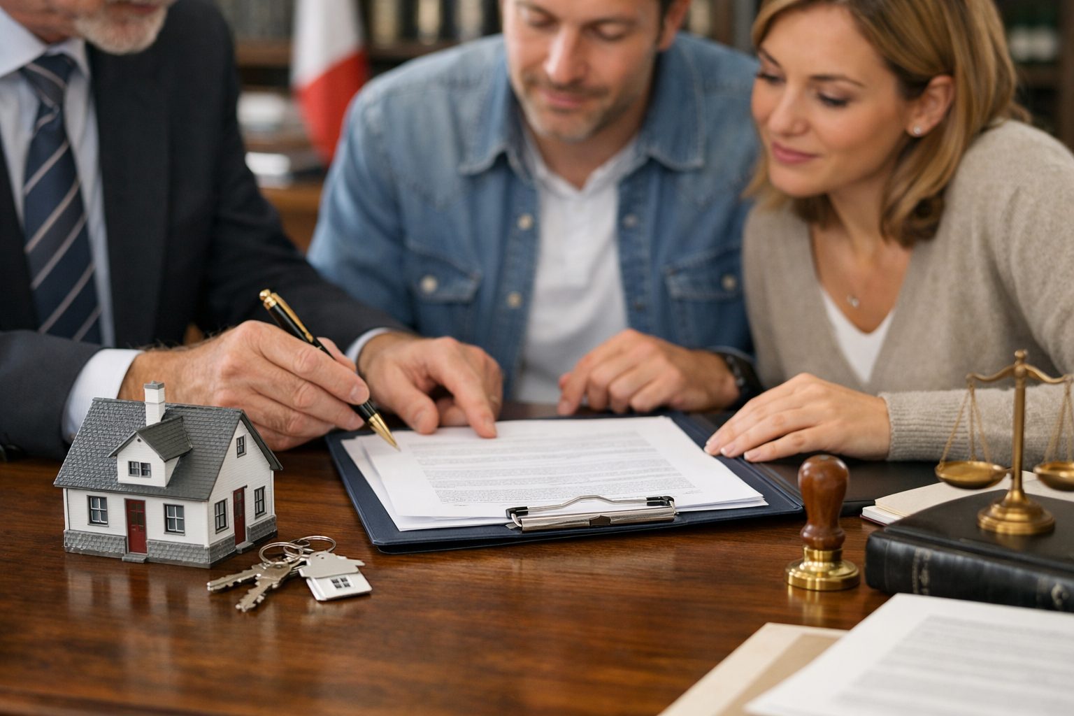 Signature d’un acte de transmission immobilière chez le notaire avec documents, maquette de maison et héritiers