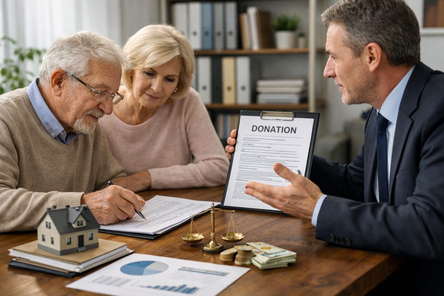 Couple senior en rendez-vous avec un conseiller pour préparer une donation et optimiser la transmission de patrimoine