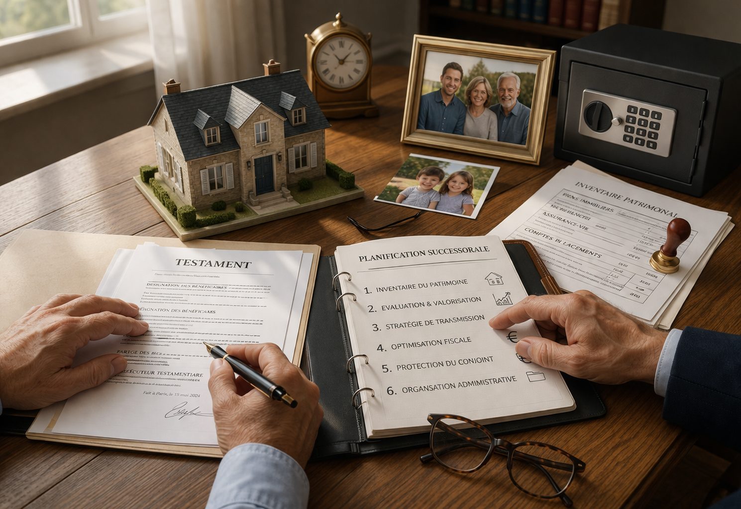 Structuration d’un patrimoine successoral avec documents, maison miniature et coffre-fort dans un cadre de planification successorale