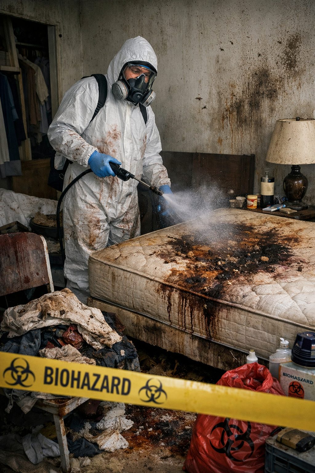 Technicien en tenue de protection réalisant la désinfection d’un logement après décès dans une chambre fortement contaminée