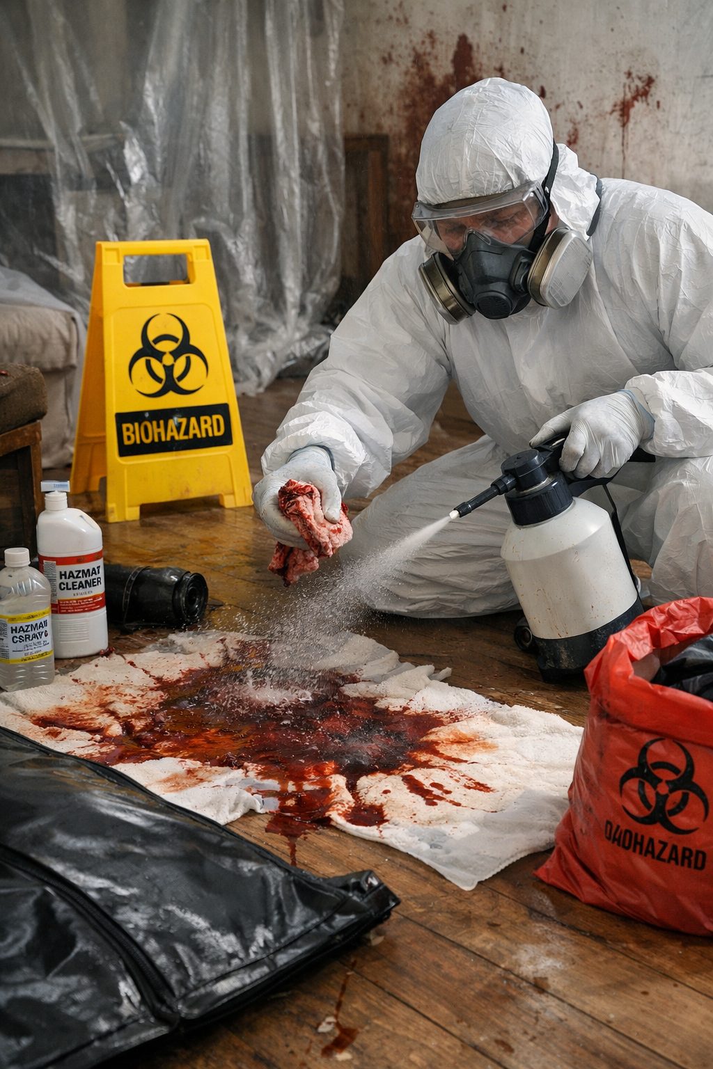 Technicien en combinaison de protection réalisant un nettoyage après décès avec gestion des fluides biologiques et protocole de sécurité