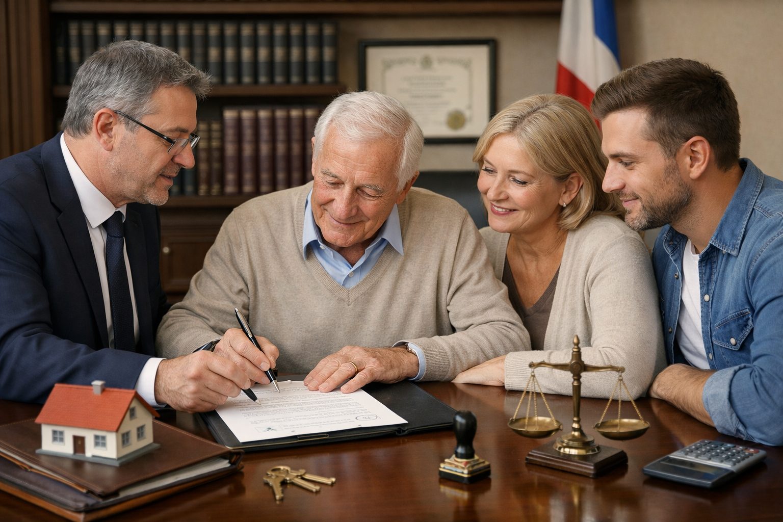 Famille en rendez-vous chez le notaire pour une donation-partage avec signature d’un acte de transmission patrimoniale
