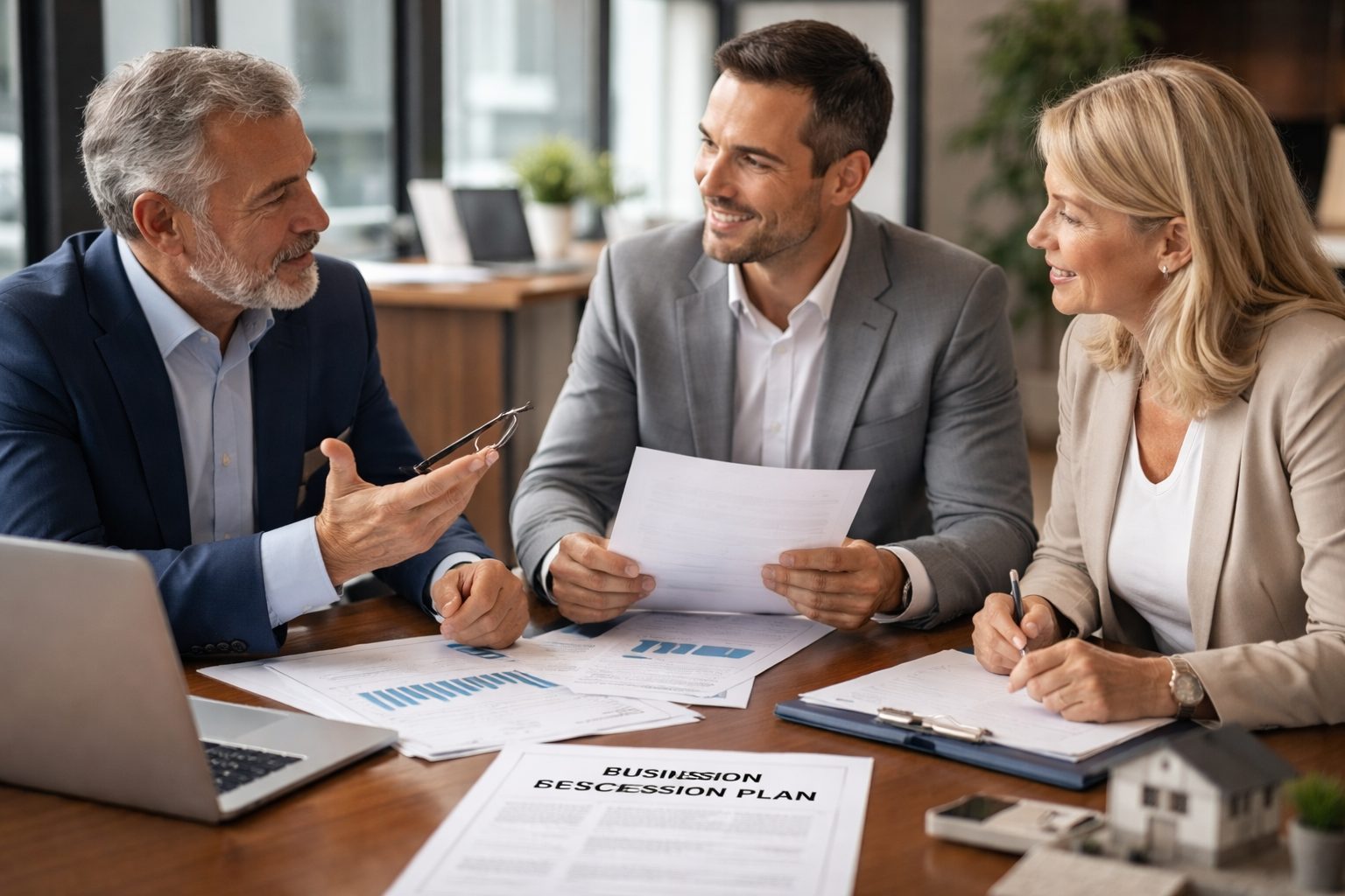 Réunion de transmission d’entreprise entre un dirigeant, un repreneur et une conseillère pour anticiper les mécanismes permettant d’éviter une vente forcée