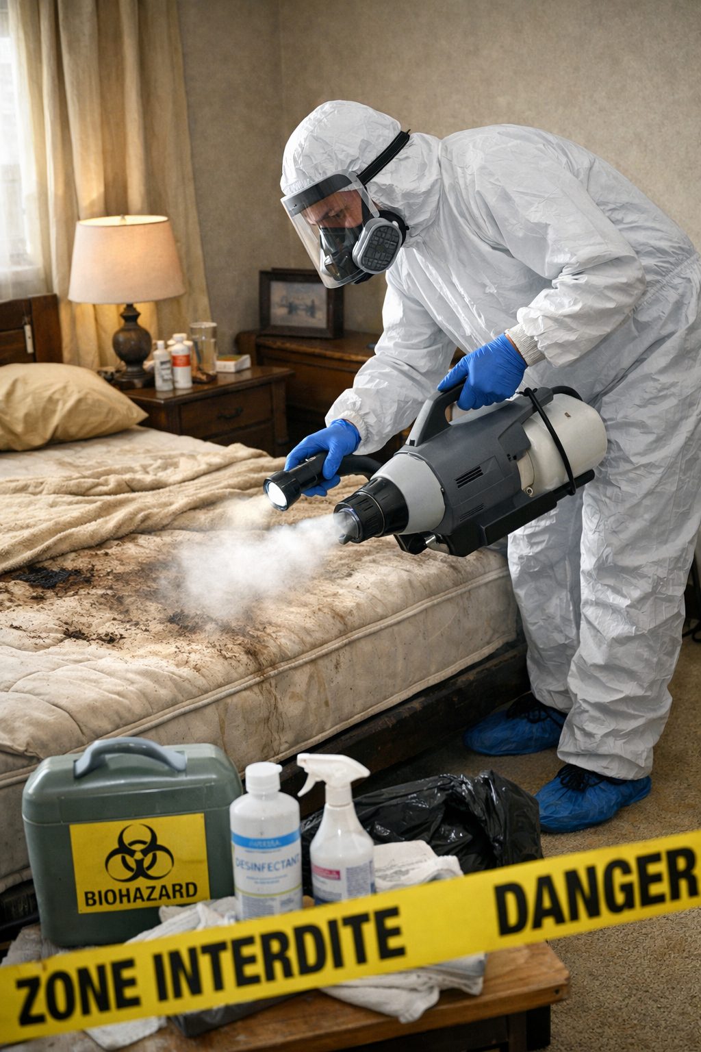 Technicien en tenue de protection réalisant une désinfection après décès naturel dans une chambre avec traitement du matelas et sécurisation de la zone
