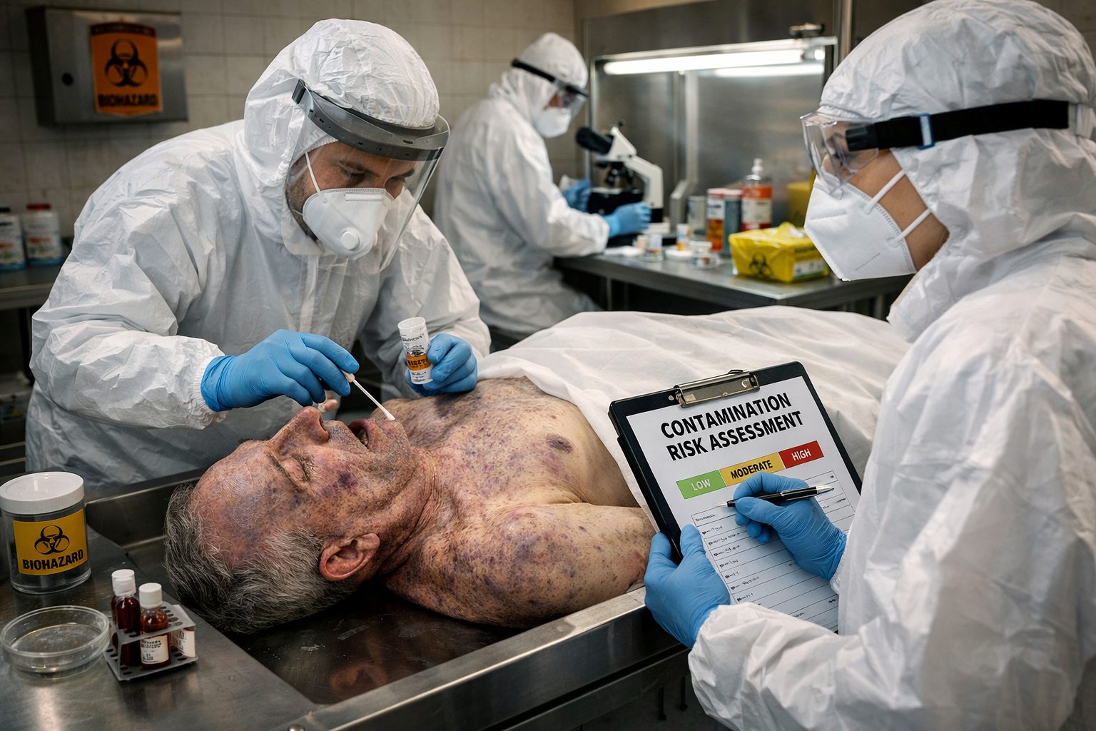 Experts en combinaison de protection évaluant le niveau de risque de contamination post-mortem autour d’un corps en morgue